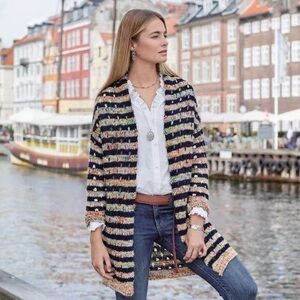 Sundance Sunset Melange Navy Multicolor Stripe Crochet Knit Open Cardigan Boho